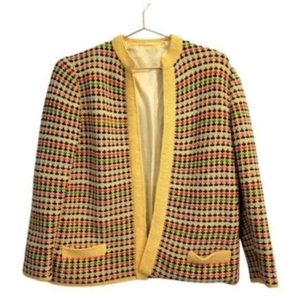 Vintage Multicolored knit Cardigan Sweater Lined Jacket Yellow
